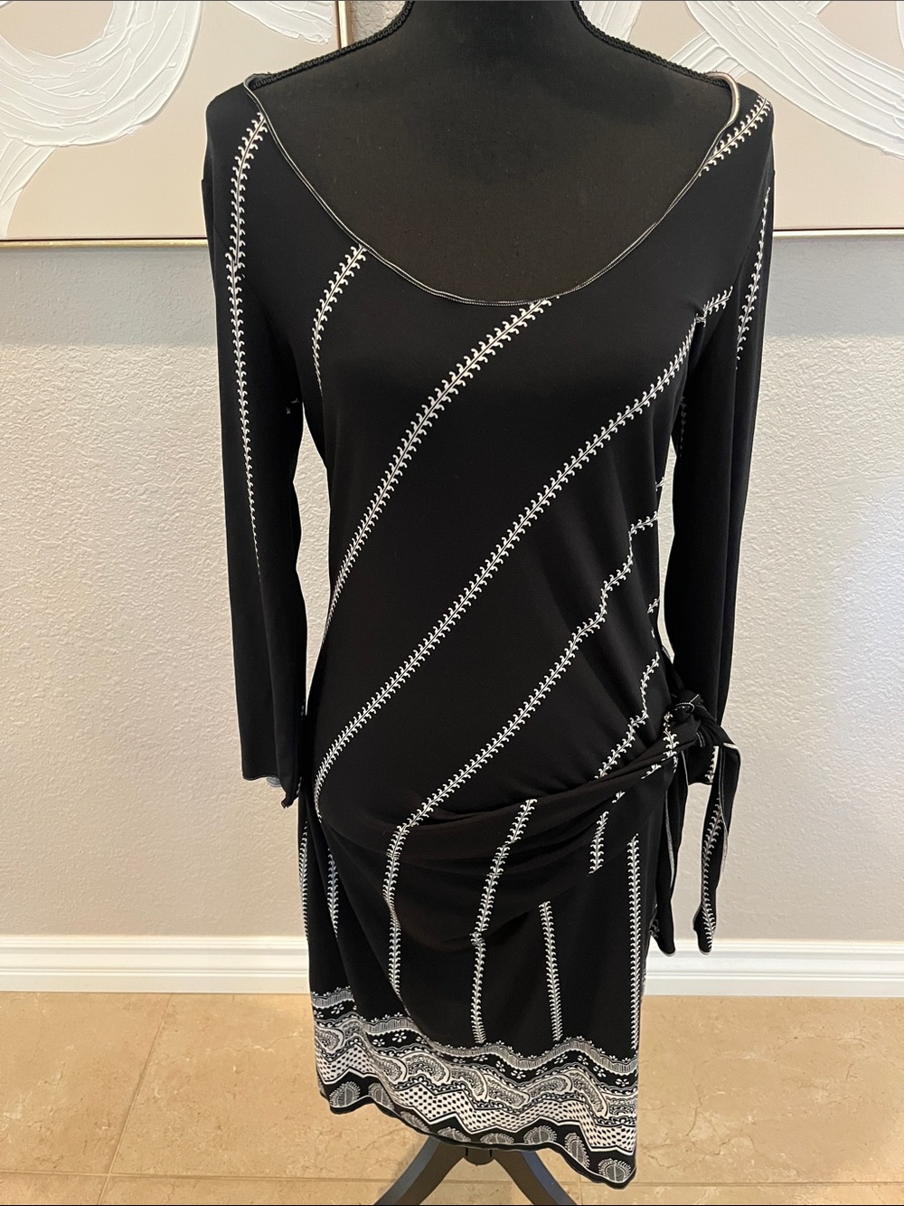 Max Studio Black Midi Dress with White Stitch-Accent and Side Tie